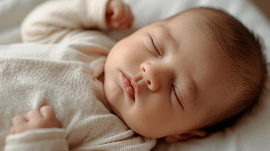 Baby die rustig doorslaapt in zijn bedje terwijl zijn ouders eindelijk ook beter slapen